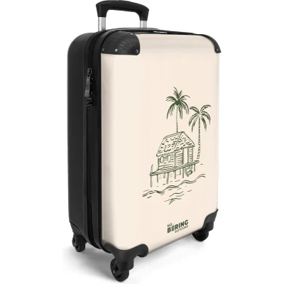 Afbeelding van NoBoringSuitcases.com® Handbagage koffer lichtgewicht Reiskoffer trolley Beige met groen strandhuis Rolkoffer wieltjes Past binnen 55x40x20 en 55x35x25