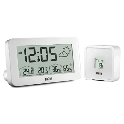 Afbeelding van Braun Digital Weather Station Clock with Indoor and Outdoor Temperature Humidity, Forecast, LCD display, Quick set, Crescendo beep alarm in white, model BC13WP.