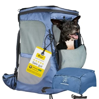 Afbeelding van Wanderpfote Dagrugzak, hondenrugzak tot 16 kg, maat L, kleur blauw, premium rugzak voor middelgrote honden met in hoogte verstelbaar draagsysteem en veel ruimte de hond