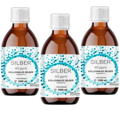 Afbeelding van 3 x 1000 ml colloïdaal zilver (40 ppm) in bruine glazen fles zilverwater zuiver water 100%
