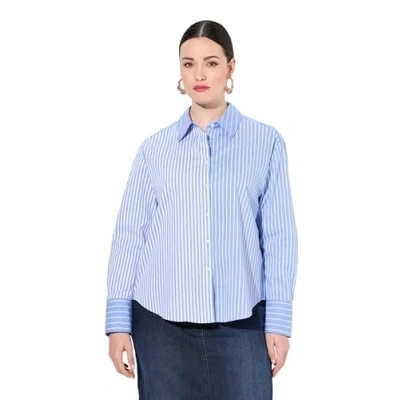 Afbeelding van Ulla Popken Oversized hemdblouse voor dames, grote maten, plussize, gestreepte mix, oversized, hemdkraag, lange mouwen, lichtblauw, 62/64 NL