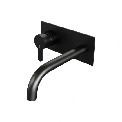 Afbeelding van Brauer Black Edition Wastafelmengkraan inbouw gebogen uitloop rechts hendel plat smal afdekplaat model D2 mat zwart