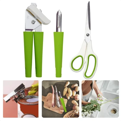 Afbeelding van Cheqo® Multifunctionele Keukenschaar Set met Blikopener en Dunschiller Keukenset Keukengerei Keukengereedschap RVS