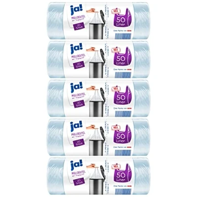 Afbeelding van ja! 100 vuilniszakken/vuilniszakken met handgreep, 50 liter, 20 stuks per rol, scheurvaste bodemnaad, transparant, 5 rollen