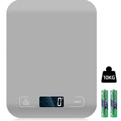 Afbeelding van Keukenweegschaal, digitaal, 10 kg, keukenweegschaal met lcd display en tarra functie, professionele digitale weegschaal voor bakken koken, precies 1 g (grijs)