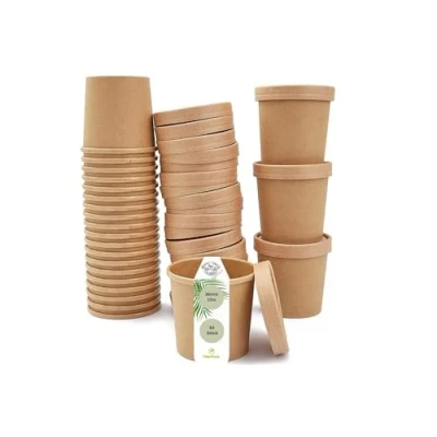 Afbeelding van DeinPack 50 soepbekers to go met deksel, bruin, 360 ml, beker PLA binnencoating, om mee te nemen, karton, biologische wegwerpbekers ijsbekers biologisch