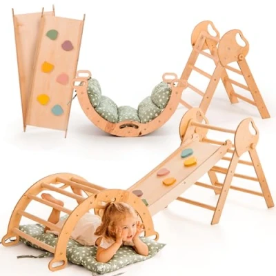 Afbeelding van 5 in 1 Montessori klimrek set: indoor klimdriehoek, klimboog met kussen en glijbaan voor kinderen, speelplaats 3 jaar
