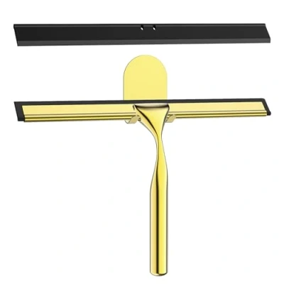 Afbeelding van Radikor Douchewisser roestvrij staal, 25,5 cm trekker, douche met wandhanger, siliconen douchewandtrekker, douchewandtrekker voor douche, badkamer, spiegel, tegels, 1 reservelip en haak, goud