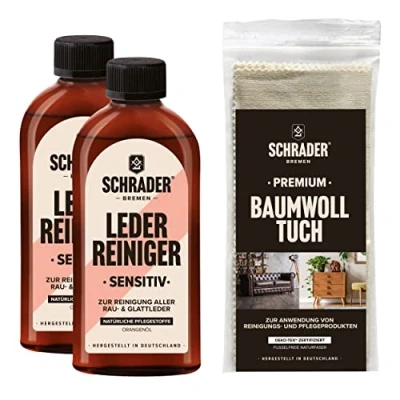 Afbeelding van Schrader leerreinigingsset, reiniger en polijstdoek, voor alle soorten leer, leren meubels kleding, kleurneutraal, 3 delig, Made in Germany