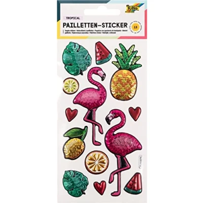 Afbeelding van Folia 19704 Pailletten Sticker IV met flamingo motieven, metallic glinsterende kunststof stickers, 13 stuks, ideaal voor het versieren van wenskaarten, knutselwerken en scrapbooking