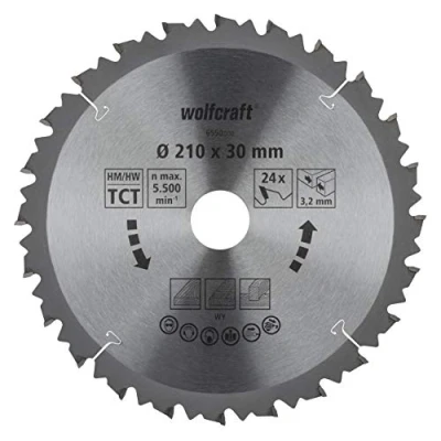 Afbeelding van Wolfcraft Cirkelzaagblad voor hout grof zaagwerk 210mm 24 tanden Asgat 30mm Zaagdikte 3,2mm