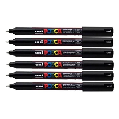 Afbeelding van Uni Posca PC 1MR zwarte kleur verf marker pennen ultra fijn 0.7mm kaliber penpunt tip schrijft op elk oppervlak glas metaal kunststof stof steen hout (Pack van 6)
