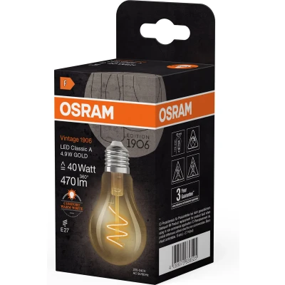 Afbeelding van OSRAM Vintage 1906 classic is a warm white LED lamp with spiral filament in piston shape. It offers 4.9 W for 470 lm, E27 socket, gold coloured glass, 60 mm diameter, 2,200 K.
