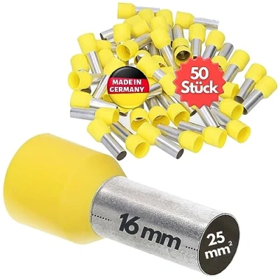 Afbeelding van 50 stuks Kalitec AE2516GE adereindhulzen geïsoleerd 25mm² 16mm lang geel I Made in Germany Industriële kwaliteit