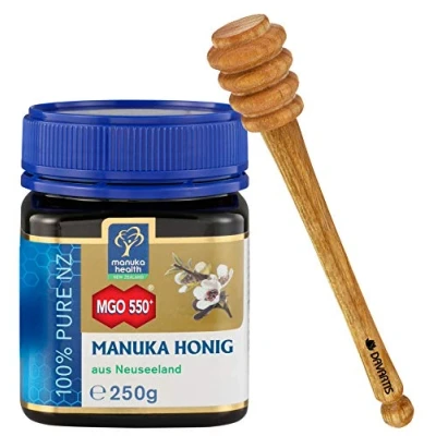 Afbeelding van Manuka Health Honing MGO 550+ [250g] 100% puur uit Nieuw Zeeland met gecertificeerd methylglyoxal gehalte + Davartis honinglepel van kersenhout 15cm