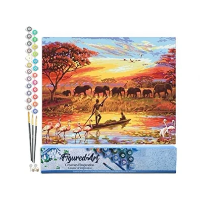 Afbeelding van Figured&#039;Art Schilderen op Nummer Volwassenen canvas Zonsondergang met olifanten Handwerk acrylverf Kit DIY Compleet 40x50cm zonder frame