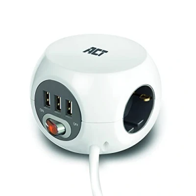 Afbeelding van Stekkerdoos 3 voudig ACT meter (3 USB poorten, Schakelaar, Wit)