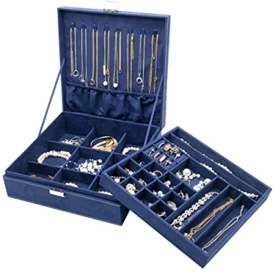 Afbeelding van ProCase Sieradendoos organizer voor Dames, Tweelaags Sieraden Display opbergkoffer met 8 Kettinghangers en Verwijderbare Scheidingswand Oorbellen, Armbanden, Ringen, Horloges Marine