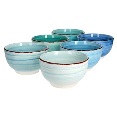 Afbeelding van MamboCat Blue Set van 6 muesli kommen, blauw, robuuste aardewerk kommen voor personen, mueslischaal en bijgerechtskom met modern wervelpatroon, blauwe kom 650 ml, stuks
