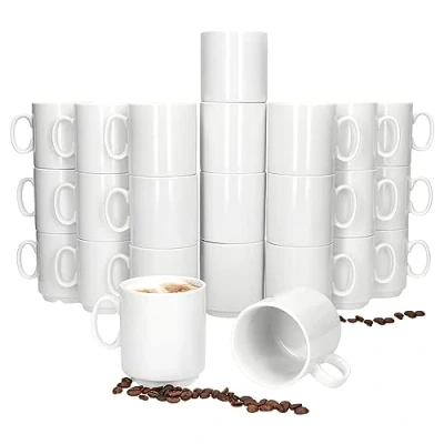 Afbeelding van MamboCat Event Set van 24 koffiemokken, 250 ml, witte porseleinen bekers met handvat, voor personen, stapelbare kopjes warme dranken zoals thee, cacao, latte macchiato en dergelijke , chique