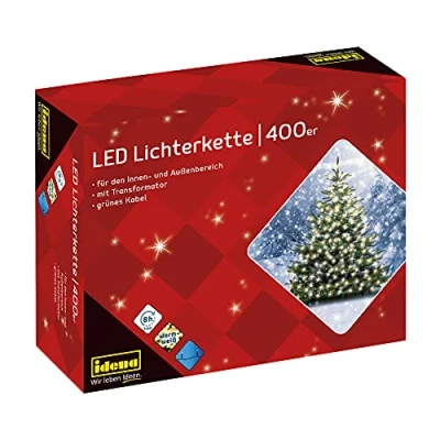 Afbeelding van Idena 31123 LED lichtslingers met 400 in warm wit, 8 uurs timerfunctie en transformator, ca. 47,9 m lang, binnen buiten, als decoratie voor feestjes, Kerstmis, bruiloft