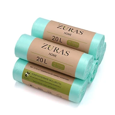Afbeelding van ZURAS® 20 liter afvalzakken voor organisch afval 150 composteerbare, biologisch afbreekbare op plantaardige basis, DIN en 13432 gecertificeerd getest, scheurvast waterdicht