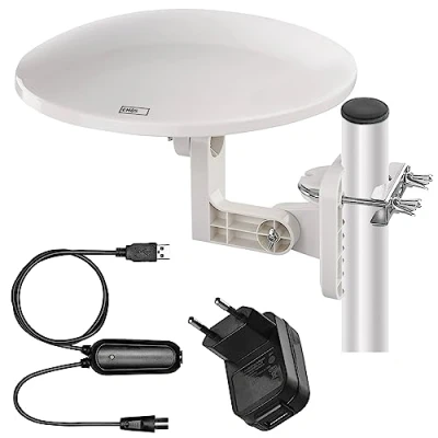 Afbeelding van EMOS Village Digitale antenne voor buiten, actieve afstandsontvangst (0 80 km) van FM/DAB/DVB T/DVB T2, geïntegreerd LTE blokkeerfilter, 4G , 5G filter, versterker, VHF/UHF, 360