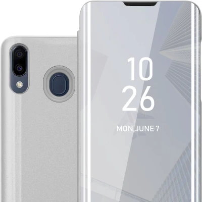 Afbeelding van Cadorabo Hoesje geschikt voor Samsung Galaxy M20 in AGAAT ZILVER Clear View Spiegel Beschermende Case met Tribunefunctie 360 Graden Bescherming Book Cover Etui