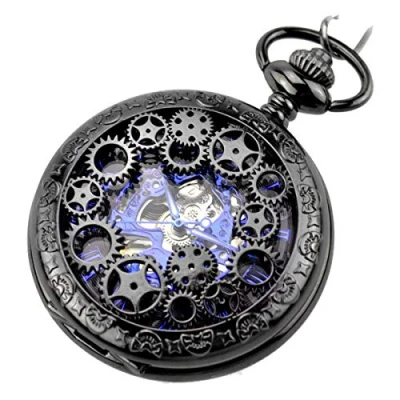 Afbeelding van JewelryWe Retro tandwiel hoog opengewerkt handopwindend mechanisch zakhorloge skelet horloge trui ketting, zwart tandwiel, vintage/retro