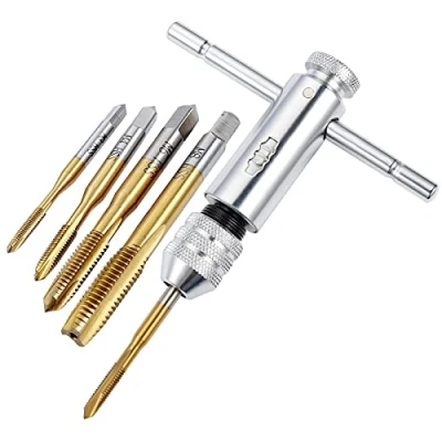 Afbeelding van Gueenky Verstelbare ratel schroefdraadboorhouder, M3, M4, M5, M6, M8, handtap, linkse met HSS tappen, T tapsleutel en metrische tapkranen