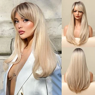 Afbeelding van Honygebia Lange Blonde Pruik met Pony Ombre Donkere Wortel Pruiken voor Blank Vrouwen, Rechte Golvende Synthetische Hittebestendige Haar, Natuurlijke Schattige Halloween/Kerst