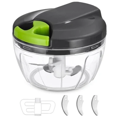 Afbeelding van Handmatige hakker 520ml, uienhakker met trekkoord, snijmachine, multi hakker, staafmixer, geschikt voor groenten, knoflook, uien, gehakt, paprika&#039;s, noten, fruit tijdbesparend handig (grijsgroen)