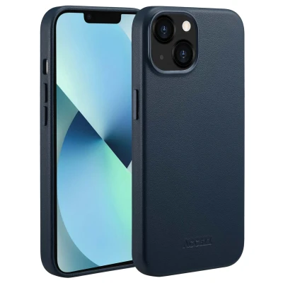 Afbeelding van Apple iPhone 13 MagSafe Hoesje Echt leder Accezz Backcover Donkerblauw Telefoonhoesje
