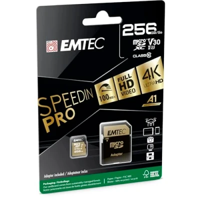 Afbeelding van EMTEC UHS I U3 V30 A1 256 GB, GB ECMSDM256GXC10SP Speedin serie met adapter Lees en schrijfsnelheid tot 100 MB/s, zwart/goud