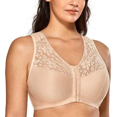 Afbeelding van DELIMIRA Dames volledig dekkende beha Met Voorsluiting Racerback Plus Maat Volledige Dekking Draadloze Bh comfortabele Lace Bh&#039;s Beige 95C