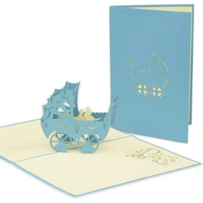 Afbeelding van LINPOPUP®, LIN17601, pop up kaart, 3D wenskaart, geboortekaart, kinderwagen voor een jongen, N89