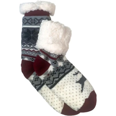 Afbeelding van Merino schapen Wollen sokken Rood Zwart met Sneeuwvlok/Rendier maat 39/42 Huissokken Antislip Warme Winter