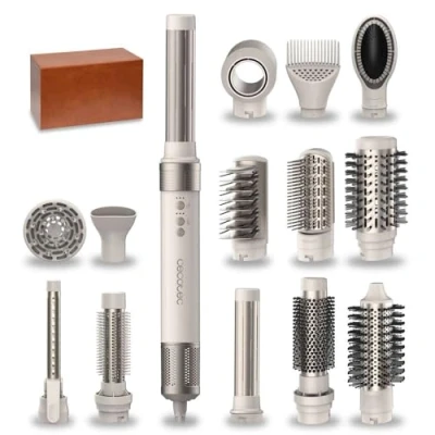 Afbeelding van Cecotec Heteluchtborstel, haardroger, stijltang, 14 opzetstukken, Coanda CeramicCare technologie, in 1 AirGlam Champagne, 1400 W, digitale motor, verwijdert kroes, 3 temperaturen