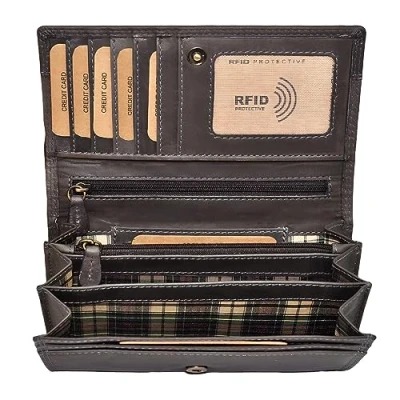 Afbeelding van Benthill Leren damesportemonnee, hoogwaardige echt lederen damesportemonnee met RFID bescherming, lange vintage inclusief geschenkdoos, grijs