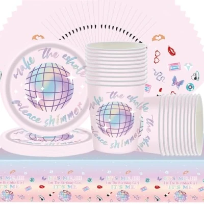 Afbeelding van Doyomtoy Serve Partyservies, muziek, disco, festival, voor 20 gasten, muziekrok, verjaardag, feestservies, tafelkleden, borden, kopjes, servetten feestaccessoires, verjaardag