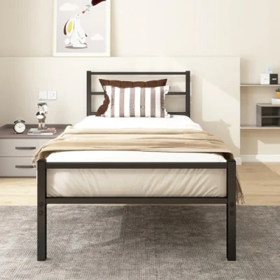 Afbeelding van ARFARLY Bedframe, eenpersoonsbed van metaal, met lattenbodem en hoog hoofdeinde, eenvoudige montage, logeerbed, tienerbed, 90 x 200 cm, zwart