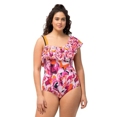 Afbeelding van Ulla Popken, Dames grote maten, badpak Fabienne, one shoulder, volant, Batik Journey, geel, 48