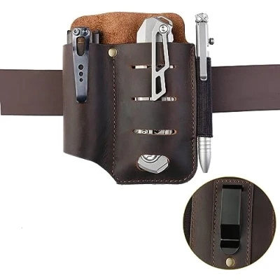 Afbeelding van VIPERADE PJ15 multitool schede voor riem, EDC zakorganizer mannen, lederen etui met sleutelhanger, zaklamphouder, penhouder, gereedschapschede mes lederman Bruin