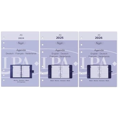 Afbeelding van Kalpa Agenda Navullen met 6 ringbanden, persoonlijke organizer, afsprakenplanner, inlag, kalendervulling, 2024, 2025, 2026, A5, 1 week op 2 pagina&#039;s
