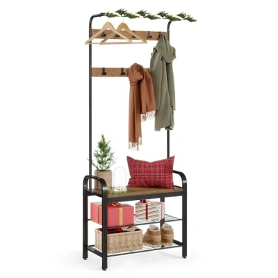 Afbeelding van VASAGLE kleerhanger, vrijstaande halboom, kledingstandaard met afneembare haken, bank en schoenenrek, hoogte 183 cm, staal, industrie, rustieke walnoot zwart HSR040B41