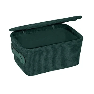 Afbeelding van WENKO Badmand Anela met deksel, opbergmand in ribfluweeldesign voor het opbergen en ordenen van badkamergerei accessoires 100% polyester, kunstlederen handvat, 19 x 10 14 cm, donkergroen