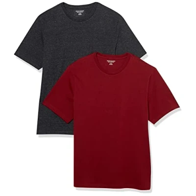Afbeelding van Amazon Essentials Heren Regular Fit T shirt met korte mouwen en ronde hals, verpakking van 2, bordeaux/houtskool heather, L
