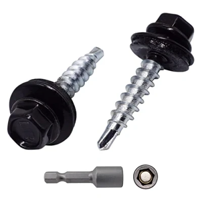 Afbeelding van Marcopol (Pack van 50 stuks) Metalen dakschroeven, 4,8 x 35 mm geschilderde zelfborende schroeven met EPDM ringen, plaatwerk zeskantschroef (50, Jet Black RAL 9005)