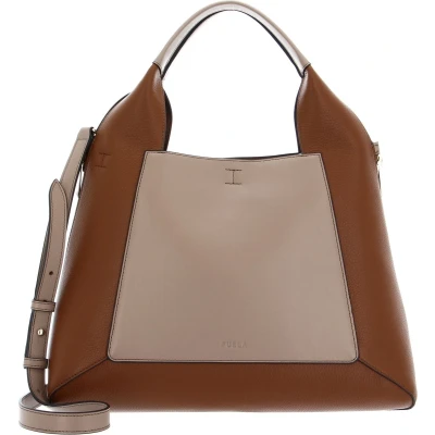 Afbeelding van FURLA Leren Schoudertas Handtas Gilda Tote Bag Greige + Cognac h Nero Lichtbruin
