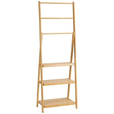 Afbeelding van kleankin handdoekenrek, opvouwbaar handdoekenrek met 3 handdoekstangen, planken, ruimtebesparende bamboebadhanddoekhouder, naturel, 53 x 30,5 152 cm